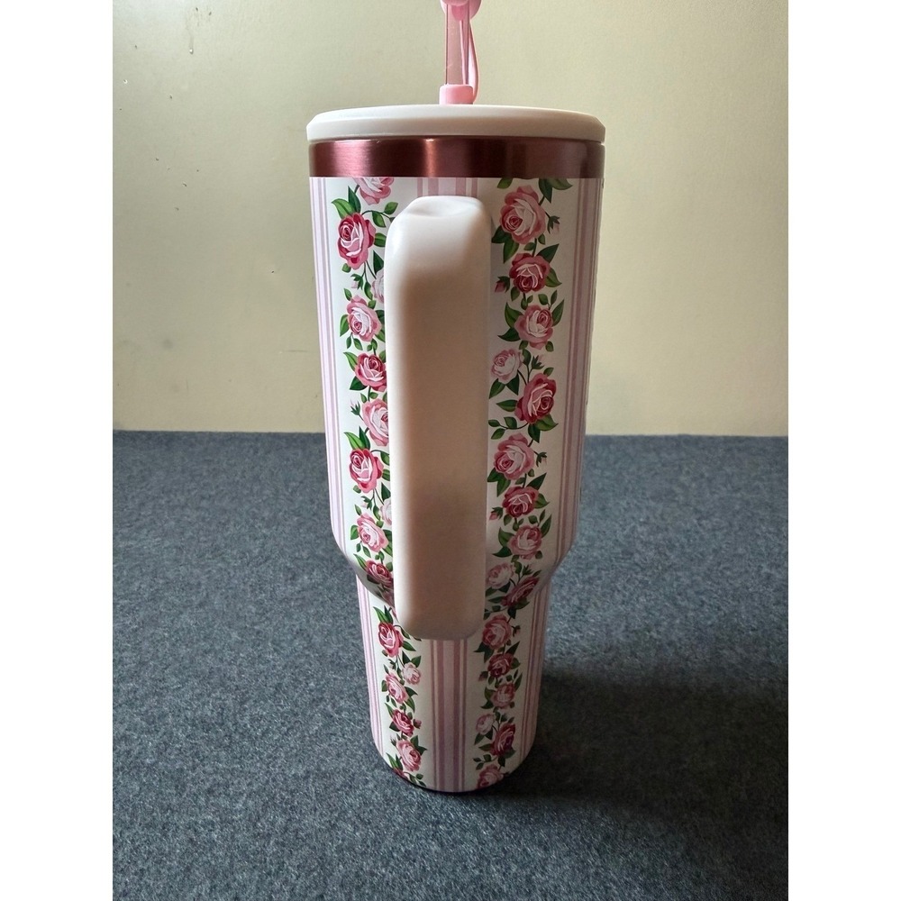 Hydragear Pink Striped Rose Floral Stainless Steel Tumbler with Bow Straw Cover - Picture 4 of 7